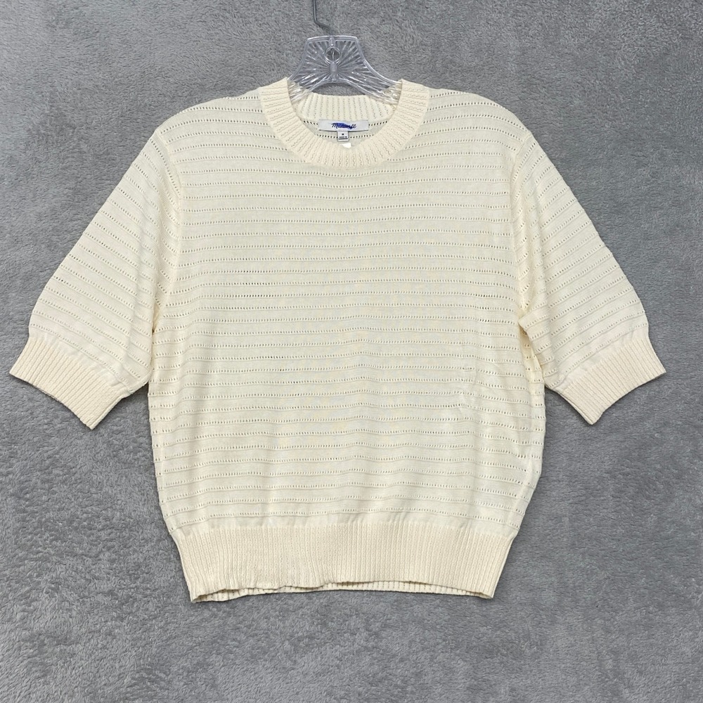 Madewell Sweater Medium Textural Stitch Crewneck Cream Cotton Short Sleeve NZ326 - Picture 4 of 10
